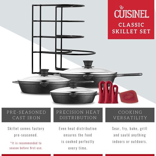  Cuisinel Cast Iron Skillet Set + Glass Lids - 8+10+12 Frying Pans + Pan Rack Organizer + Scraper + Heat-Resistant Handle Holders - Pre-Seasoned Oven Safe Cookware Kit - Grill, Fire, Stoveto