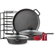 Cuisinel Cast Iron Cookware 6-Pc Set - 10+12 Skillet + Glass Lids + Pizza Pan + Pan Rack Organizer + Silicone Handle Covers + Scraper/Cleaner - Pre-Seasoned Essentials Kit - Grill, Camping,