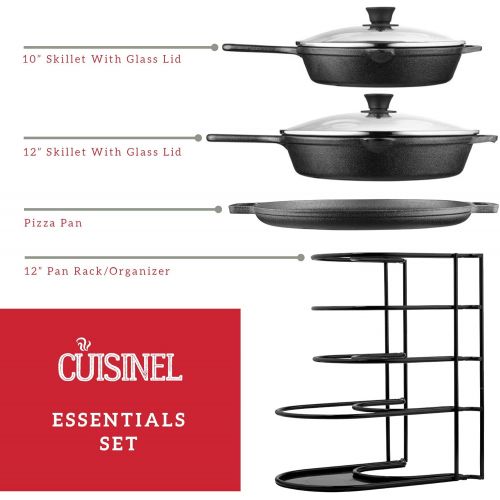  Cuisinel Cast Iron Cookware 6-Pc Set - 10+12 Skillet + Glass Lids + Pizza Pan + Pan Rack Organizer + Silicone Handle Covers + Scraper/Cleaner - Pre-Seasoned Essentials Kit - Grill, Camping,