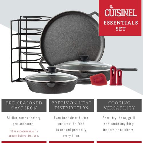  Cuisinel Cast Iron Cookware 6-Pc Set - 10+12 Skillet + Glass Lids + Pizza Pan + Pan Rack Organizer + Silicone Handle Covers + Scraper/Cleaner - Pre-Seasoned Essentials Kit - Grill, Camping,