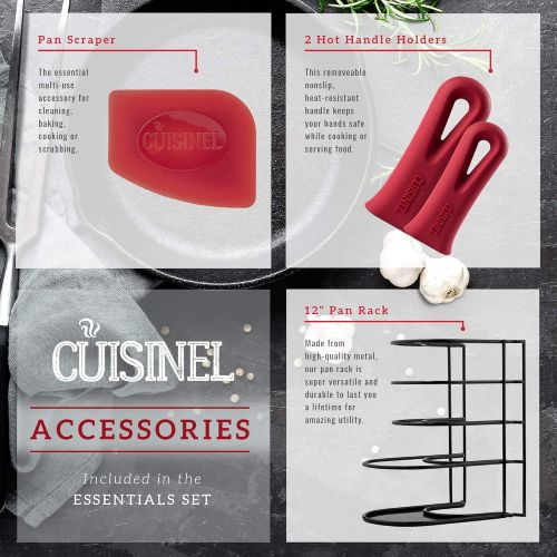  Cuisinel Cast Iron Cookware 6-Pc Set - 10+12 Skillet + Glass Lids + Pizza Pan + Pan Rack Organizer + Silicone Handle Covers + Scraper/Cleaner - Pre-Seasoned Essentials Kit - Grill, Camping,