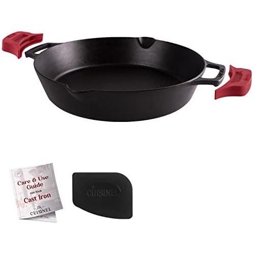  Cuisinel Cast Iron Skillet - 12-Inch Dual Handle Frying Pan + Silicone Handle Holder Covers + Pan Scraper - Pre-Seasoned Oven, Grill, Fire, BBQ, Stovetop, Induction Safe Kitchen Cookware -