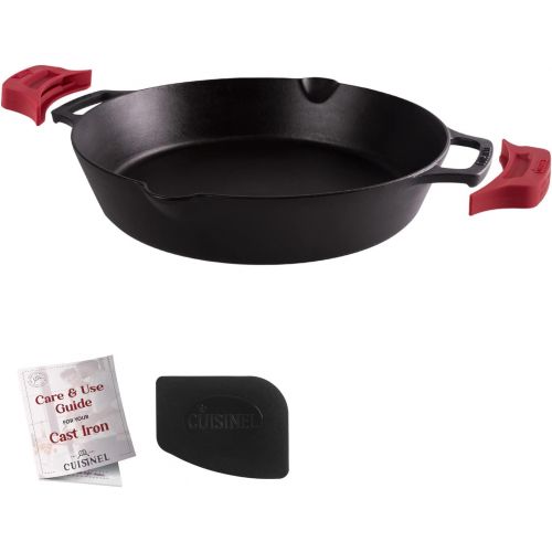  Cuisinel Cast Iron Skillet - 12-Inch Dual Handle Frying Pan + Silicone Handle Holder Covers + Pan Scraper - Pre-Seasoned Oven, Grill, Fire, BBQ, Stovetop, Induction Safe Kitchen Cookware -