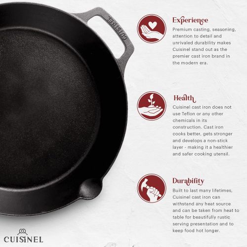  Cuisinel Cast Iron Skillet - 12-Inch Dual Handle Frying Pan + Silicone Handle Holder Covers + Pan Scraper - Pre-Seasoned Oven, Grill, Fire, BBQ, Stovetop, Induction Safe Kitchen Cookware -