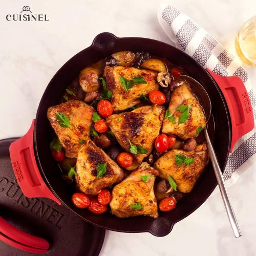  Cuisinel Cast Iron Skillet - 12-Inch Dual Handle Frying Pan + Silicone Handle Holder Covers + Pan Scraper - Pre-Seasoned Oven, Grill, Fire, BBQ, Stovetop, Induction Safe Kitchen Cookware -