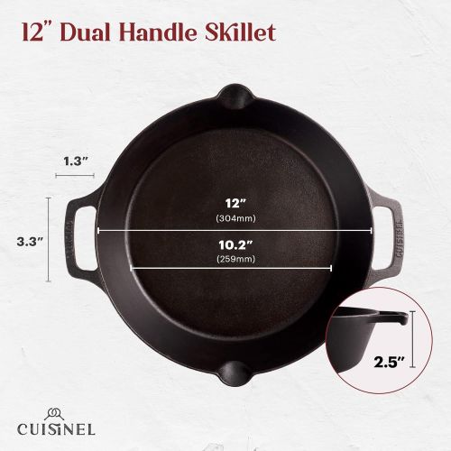  Cuisinel Cast Iron Skillet - 12-Inch Dual Handle Frying Pan + Silicone Handle Holder Covers + Pan Scraper - Pre-Seasoned Oven, Grill, Fire, BBQ, Stovetop, Induction Safe Kitchen Cookware -