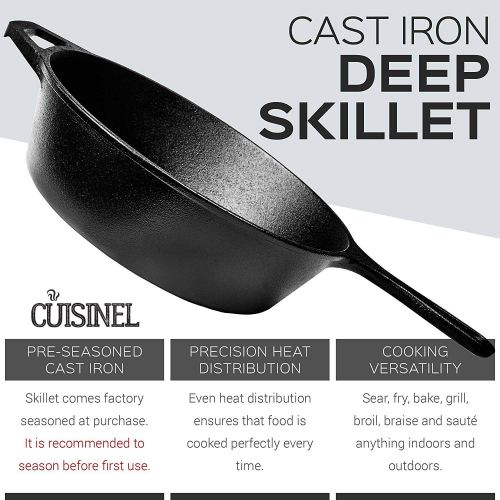  Cuisinel Cast Iron Skillet - 10-Inch X 3-Inch-Deep Frying Pan / 3-Quart Pot with Assist Handle - Pre-Seasoned Oven Safe Cookware - Indoor/Outdoor Use - Grill, Stovetop, BBQ, Firepi