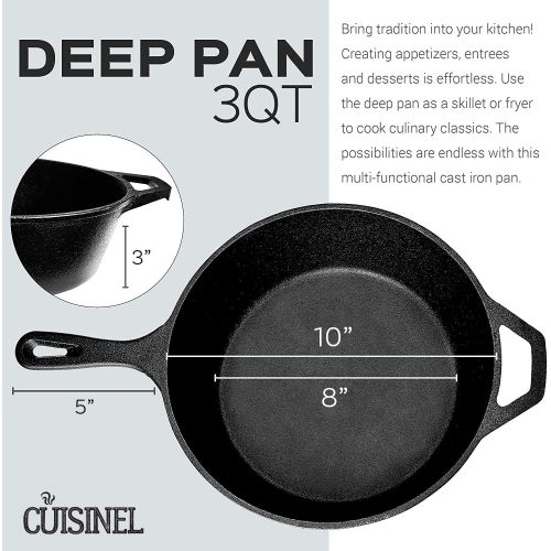  Cuisinel Cast Iron Skillet - 10-Inch X 3-Inch-Deep Frying Pan / 3-Quart Pot with Assist Handle - Pre-Seasoned Oven Safe Cookware - Indoor/Outdoor Use - Grill, Stovetop, BBQ, Firepi