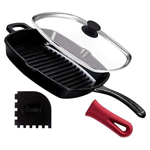  [아마존베스트]Cuisinel Cast Iron Square Grill Pan with Glass Lid - 10.5 Inch Pre-Seasoned Skillet with Handle Cover and Pan Scraper - Grill, Stovetop, Induction Safe - Indoor and Outdoor Use - for Grilli