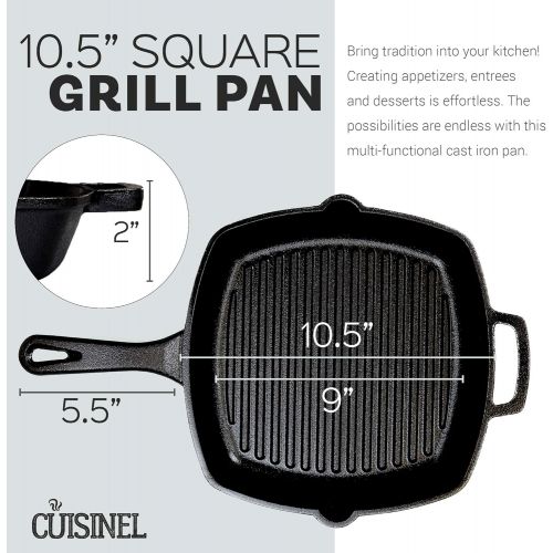  [아마존베스트]Cuisinel Cast Iron Square Grill Pan with Glass Lid - 10.5 Inch Pre-Seasoned Skillet with Handle Cover and Pan Scraper - Grill, Stovetop, Induction Safe - Indoor and Outdoor Use - for Grilli