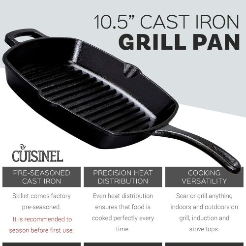  [아마존베스트]Cuisinel Cast Iron Square Grill Pan with Glass Lid - 10.5 Inch Pre-Seasoned Skillet with Handle Cover and Pan Scraper - Grill, Stovetop, Induction Safe - Indoor and Outdoor Use - for Grilli