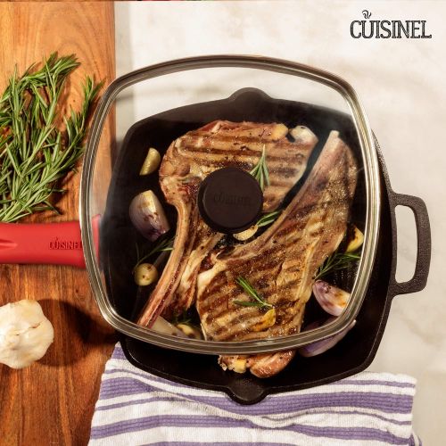  [아마존베스트]Cuisinel Cast Iron Square Grill Pan with Glass Lid - 10.5 Inch Pre-Seasoned Skillet with Handle Cover and Pan Scraper - Grill, Stovetop, Induction Safe - Indoor and Outdoor Use - for Grilli