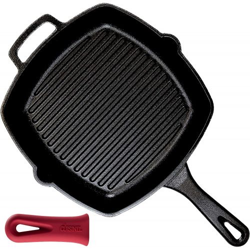  [아마존베스트]Cuisinel Cast Iron Square Grill Pan - 10.5 Inch Pre-Seasoned Skillet with Handle Cover and Pan Scraper - Grill, Stovetop, Induction Safe - Indoor and Outdoor Use - for Grilling, Frying, Sau