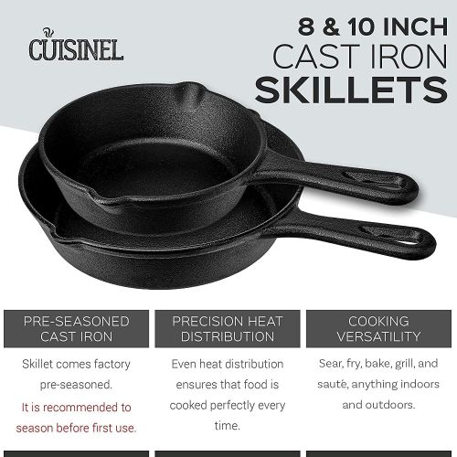  [아마존베스트]Cuisinel Pre-Seasoned Cast Iron Skillet 2-Piece Set (8-Inch and 10-Inch) Oven Safe Cookware - 2 Heat-Resistant Holders - Indoor and Outdoor Use - Grill, Stovetop, Induction Safe