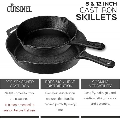  [아마존베스트]Cuisinel Pre-Seasoned Cast Iron Skillet Set (8-Inch and 12-Inch) Oven Safe Cookware - Heat-Resistant Holders - Indoor and Outdoor Use - Grill, Stovetop, Induction Safe