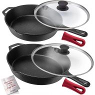 [아마존베스트]Cuisinel Pre-Seasoned Cast Iron Skillet 2-Piece Set (10-Inch and 12-Inch) with Glass Lids Oven Safe Cookware - 2 Heat-Resistant Holders - Indoor and Outdoor Use - Grill, Stovetop, Induction