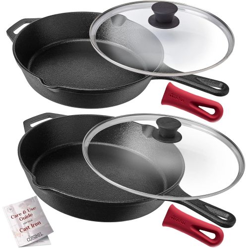  [아마존베스트]Cuisinel Pre-Seasoned Cast Iron Skillet 2-Piece Set (10-Inch and 12-Inch) with Glass Lids Oven Safe Cookware - 2 Heat-Resistant Holders - Indoor and Outdoor Use - Grill, Stovetop, Induction