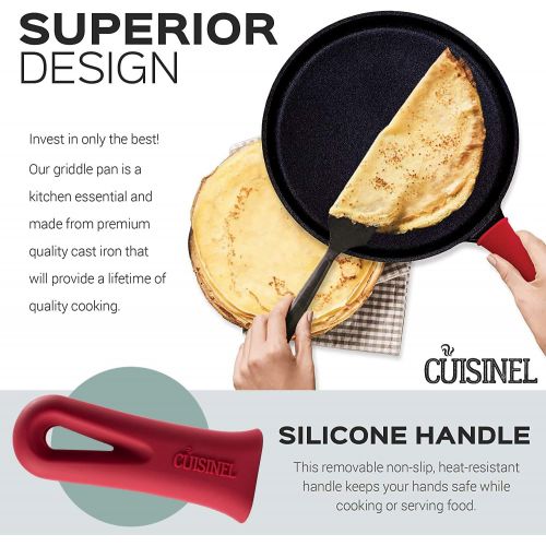  [아마존베스트]Cuisinel Cast Iron Round Griddle- 10.5” Crepe Pan - Pre-Seasoned Skillet with Silicone Handle Grip- Grill, Oven, Stove Top and Induction Safe