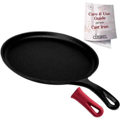  [아마존베스트]Cuisinel Cast Iron Round Griddle- 10.5” Crepe Pan - Pre-Seasoned Skillet with Silicone Handle Grip- Grill, Oven, Stove Top and Induction Safe