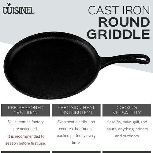  [아마존베스트]Cuisinel Cast Iron Round Griddle- 10.5” Crepe Pan - Pre-Seasoned Skillet with Silicone Handle Grip- Grill, Oven, Stove Top and Induction Safe