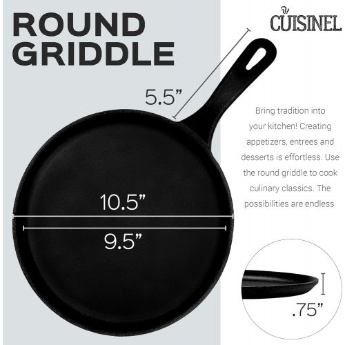  [아마존베스트]Cuisinel Cast Iron Round Griddle- 10.5” Crepe Pan - Pre-Seasoned Skillet with Silicone Handle Grip- Grill, Oven, Stove Top and Induction Safe