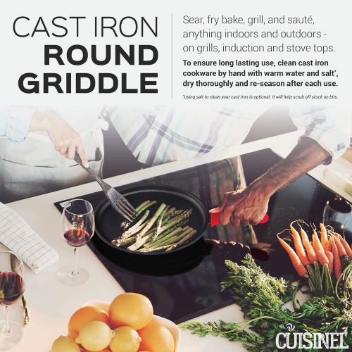  [아마존베스트]Cuisinel Cast Iron Round Griddle- 10.5” Crepe Pan - Pre-Seasoned Skillet with Silicone Handle Grip- Grill, Oven, Stove Top and Induction Safe