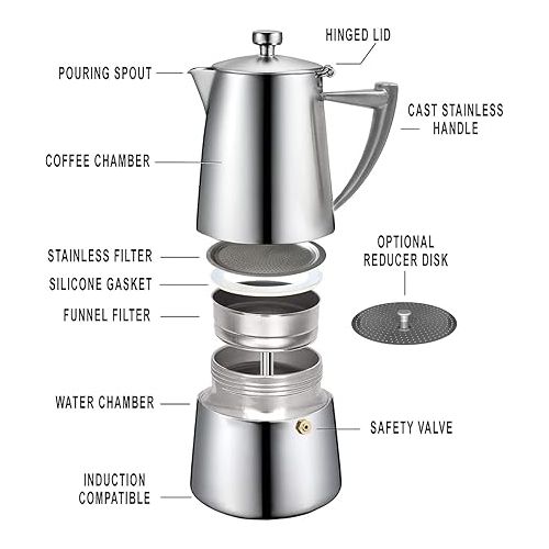  Cuisinox Milano Stainless Steel Stovetop Moka Pot Espresso Coffee Maker, 4-Cup