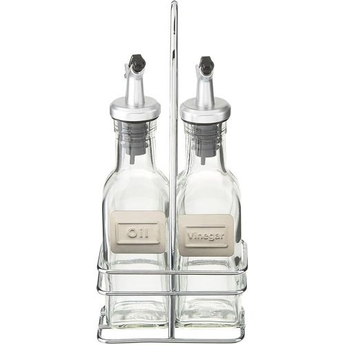  CUISINOX Cruet Oil and Vinegar Bottles Set with Dripless Spouts and Wire Caddy, English Labels - 6 oz. each