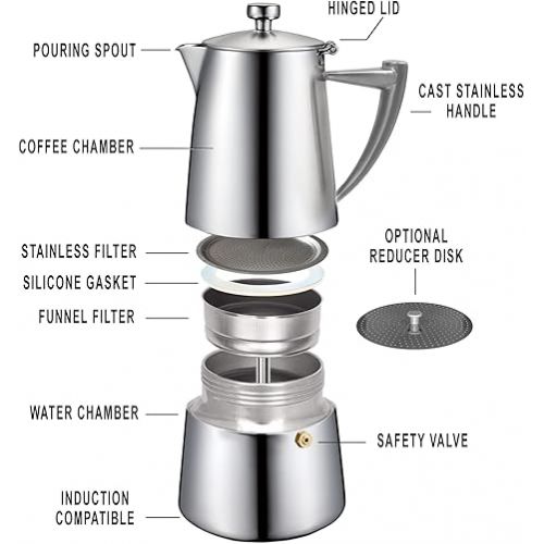  CUISINOX Roma Satin Stainless Steel Moka Pot Stovetop Espresso Maker, 6-Cup