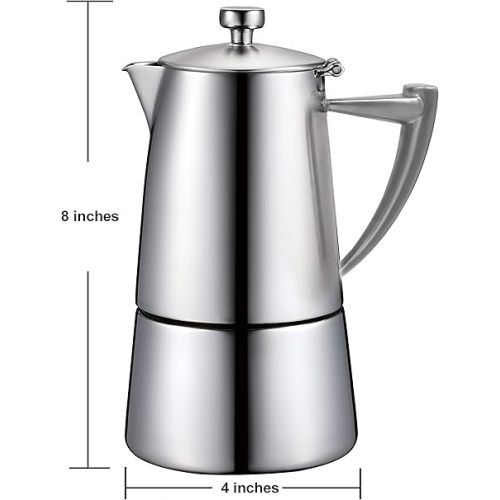  CUISINOX Roma Satin Stainless Steel Moka Pot Stovetop Espresso Maker, 6-Cup