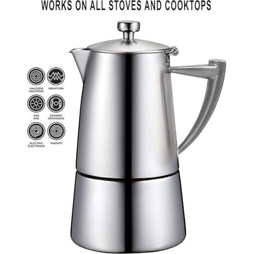  CUISINOX Roma Satin Stainless Steel Moka Pot Stovetop Espresso Maker, 6-Cup