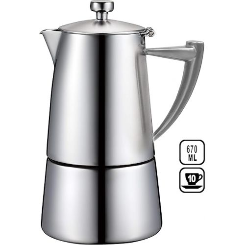  CUISINOX Roma Satin Stainless Steel Moka Pot Stovetop Espresso Maker, 10-Cup