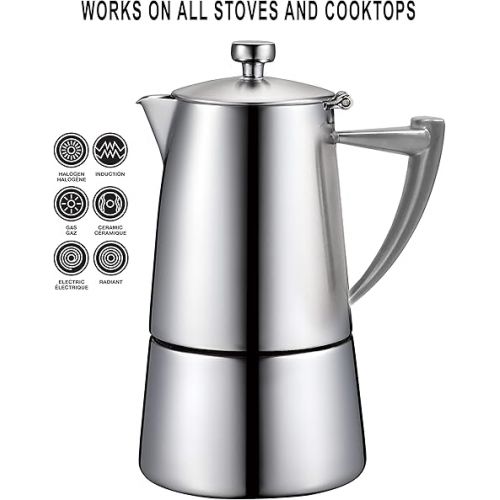  CUISINOX Roma Satin Stainless Steel Moka Pot Stovetop Espresso Maker, 10-Cup