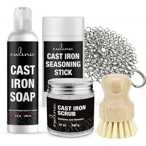  Culina Cast Iron Seasoning Stick & Soap & Restoring Scrub & Stainless Scrubber & brush All Natural Ingredients Best for Cleaning, Non-stick Cooking & Restoring for Cast Iron Cookwa