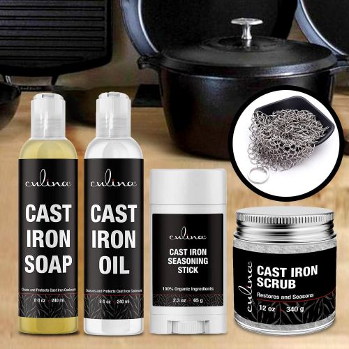  Culina Cast Iron Seasoning Stick & Soap & Oil Conditioner & Restoring Scrub & Stainless Scrubber All Natural Ingredients Best for Cleaning, Non-stick Cooking & Restoring Cast Iron