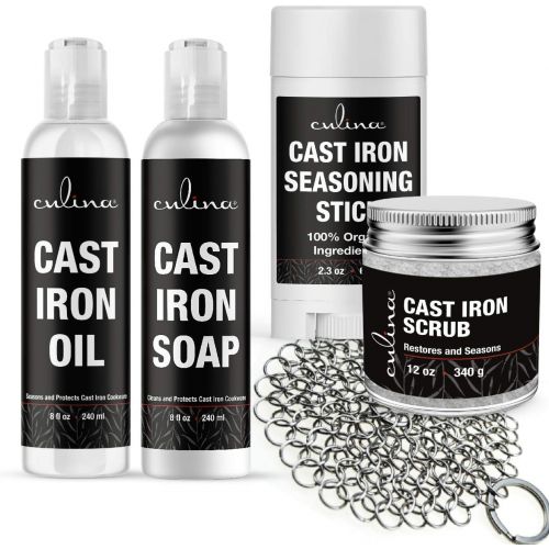  Culina Cast Iron Seasoning Stick & Soap & Oil Conditioner & Restoring Scrub & Stainless Scrubber All Natural Ingredients Best for Cleaning, Non-stick Cooking & Restoring Cast Iron