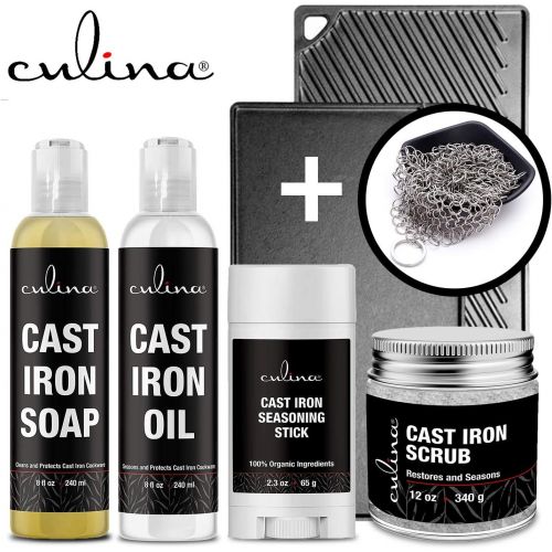  Culina Cast Iron Seasoning Stick & Soap & Oil Conditioner & Restoring Scrub & Stainless Scrubber All Natural Ingredients Best for Cleaning, Non-stick Cooking & Restoring Cast Iron