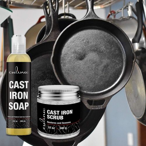  Culina Cast Iron Cleaning Set: Restoring Scrub & Cleaning Soap Best for Cleaning Care, Washing & Restoring 100% Plant-Based for Cast Iron Cookware, Skillets, Pans & Grills!