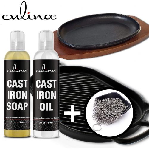  Culina Cast Iron Soap Set & Conditioning Oil & Stainless Scrubber All Natural Ingredients Best for Cleaning, Non-stick Cooking & Restoring for Cast Iron Cookware, Skillets, Pans &