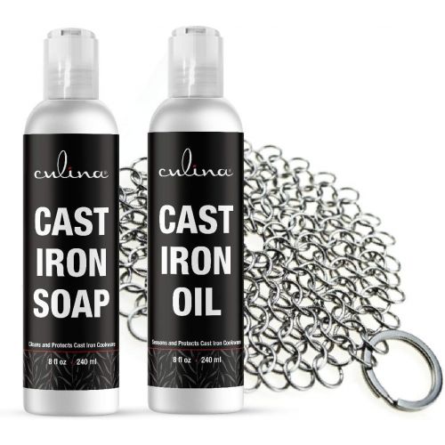  Culina Cast Iron Soap Set & Conditioning Oil & Stainless Scrubber All Natural Ingredients Best for Cleaning, Non-stick Cooking & Restoring for Cast Iron Cookware, Skillets, Pans &