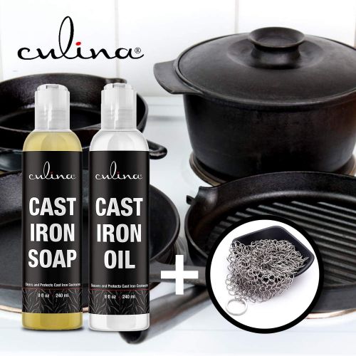  Culina Cast Iron Soap Set & Conditioning Oil & Stainless Scrubber All Natural Ingredients Best for Cleaning, Non-stick Cooking & Restoring for Cast Iron Cookware, Skillets, Pans &