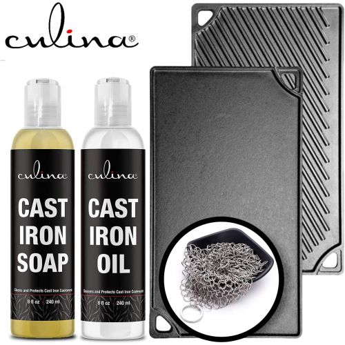  Culina Cast Iron Soap Set & Conditioning Oil & Stainless Scrubber All Natural Ingredients Best for Cleaning, Non-stick Cooking & Restoring for Cast Iron Cookware, Skillets, Pans &