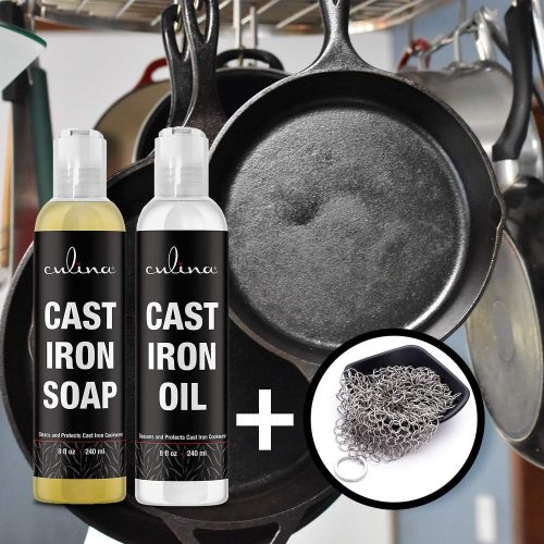  Culina Cast Iron Soap Set & Conditioning Oil & Stainless Scrubber All Natural Ingredients Best for Cleaning, Non-stick Cooking & Restoring for Cast Iron Cookware, Skillets, Pans &