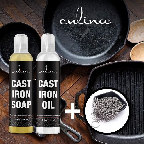  Culina Cast Iron Soap Set & Conditioning Oil & Stainless Scrubber All Natural Ingredients Best for Cleaning, Non-stick Cooking & Restoring for Cast Iron Cookware, Skillets, Pans &