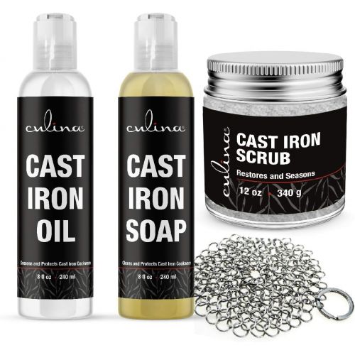  Culina Cast Iron Soap & Conditioning Oil & Stainless Scrubber & Restoring Scrub All Natural Ingredients Best for Cleaning, Non-stick Cooking & Restoring for Cast Iron Cookware, Ski
