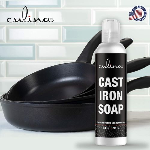  Culina Cast Iron Soap & Conditioning Oil & Stainless Scrubber & Restoring Scrub All Natural Ingredients Best for Cleaning, Non-stick Cooking & Restoring for Cast Iron Cookware, Ski