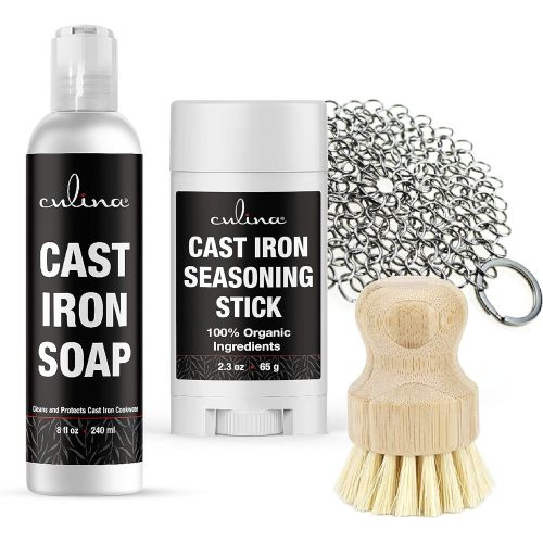  Culina Cast Iron Seasoning Stick & Soap & Stainless Scrubber & brush All Natural Ingredients Best for Cleaning, Non-stick Cooking & Restoring for Cast Iron Cookware, Skillets