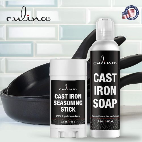  Culina Cast Iron Seasoning Stick & Soap & Stainless Scrubber & brush All Natural Ingredients Best for Cleaning, Non-stick Cooking & Restoring for Cast Iron Cookware, Skillets