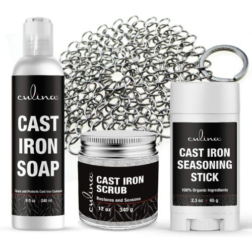  Culina Cast Iron Seasoning Stick & Soap & Restoring Scrub & Stainless Scrubber All Natural Ingredients Best for Cleaning, Non-stick Cooking & Restoring for Cast Iron Cookware, Skil