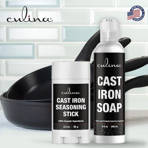  Culina Cast Iron Seasoning Stick & Soap & Restoring Scrub & Stainless Scrubber All Natural Ingredients Best for Cleaning, Non-stick Cooking & Restoring for Cast Iron Cookware, Skil